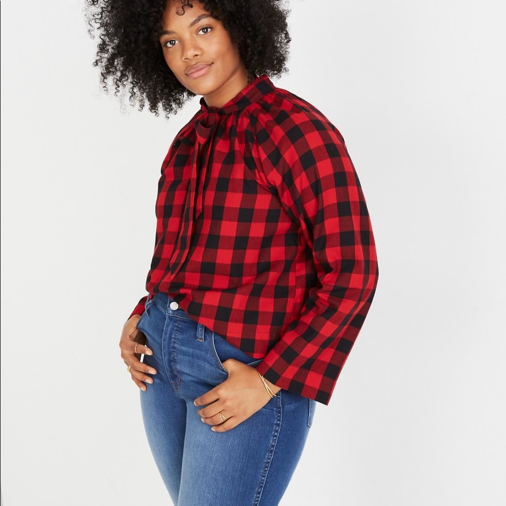 Madewell Buffalo Check Tie Neck top